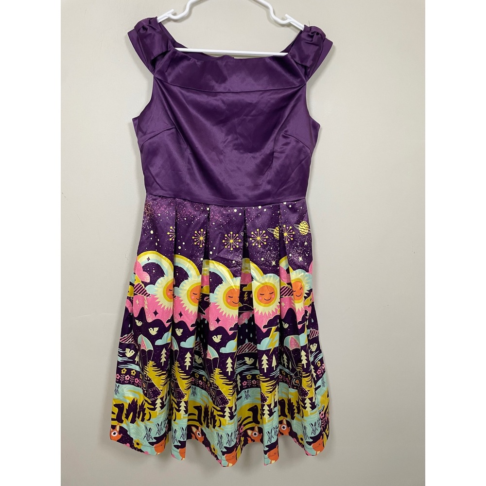 Lindy Bop Christie Dress in Purple Space Invasion Size 12 Retro Novelty Quirky